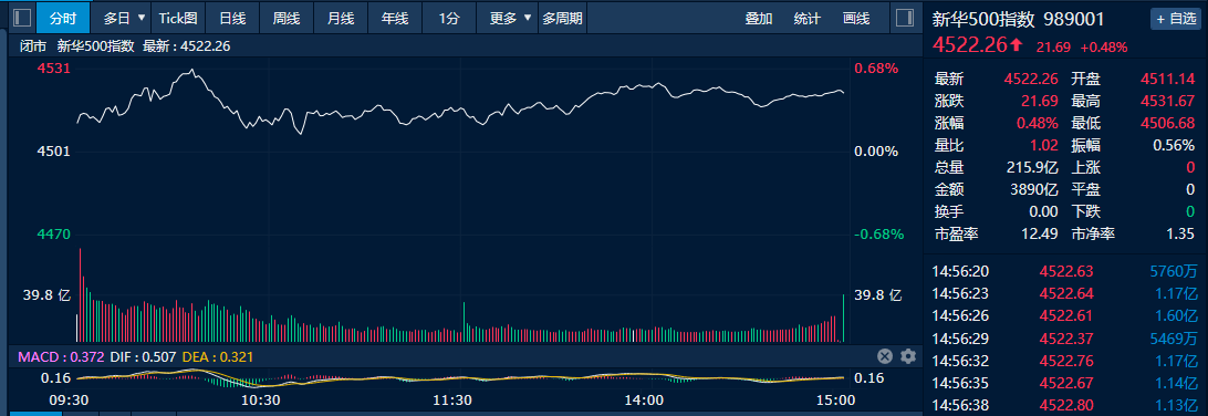 【新华500】新华500指数（989001）14日高位震荡涨0.48% 